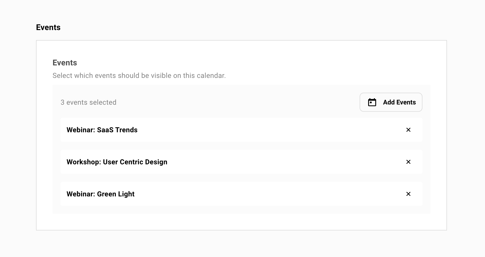 Adding events to a calendar, showing the event selection interface